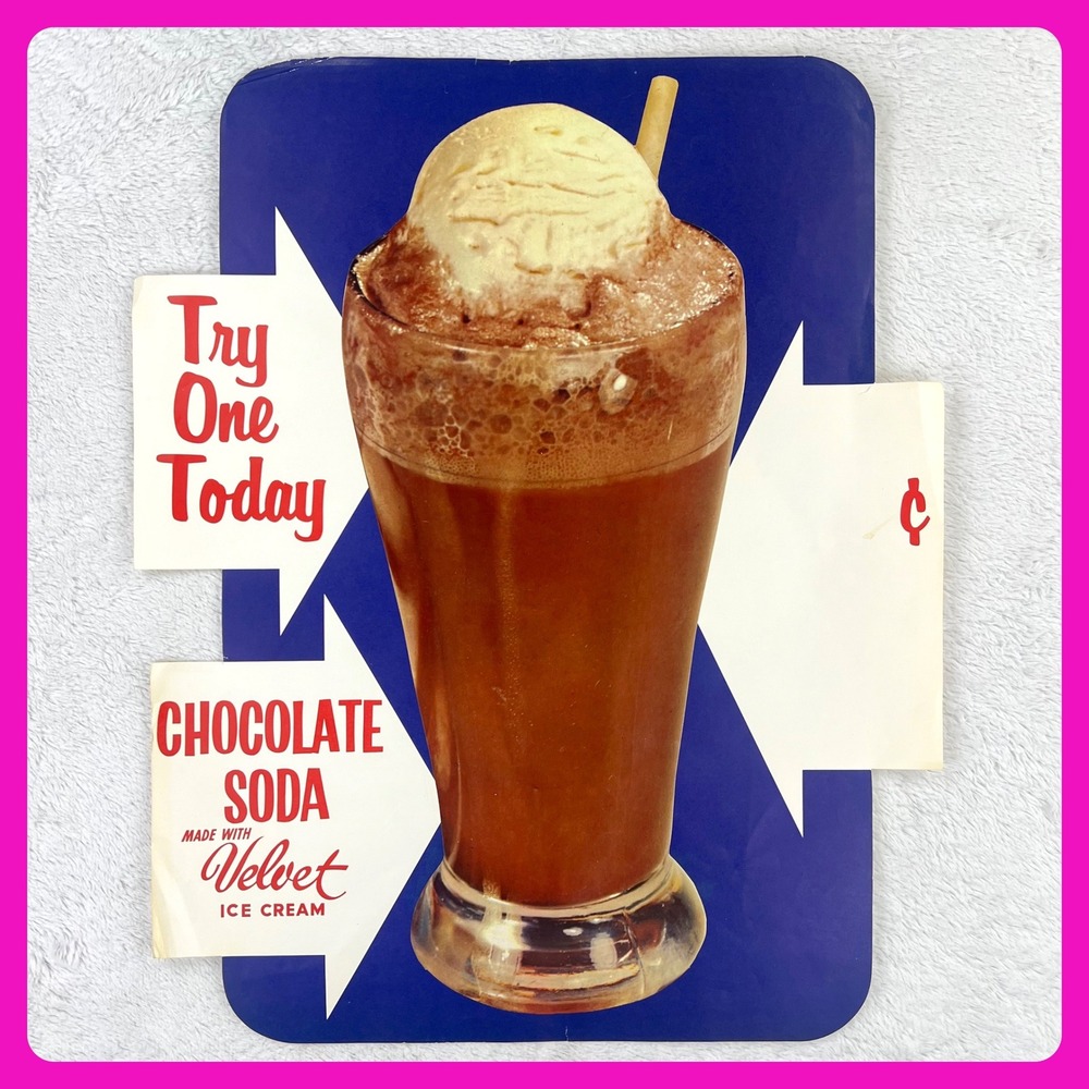 1950s‎ Velvet Ice Cream Chocolate Vintage Diner Sign 25" Paper Soda Fountain USA